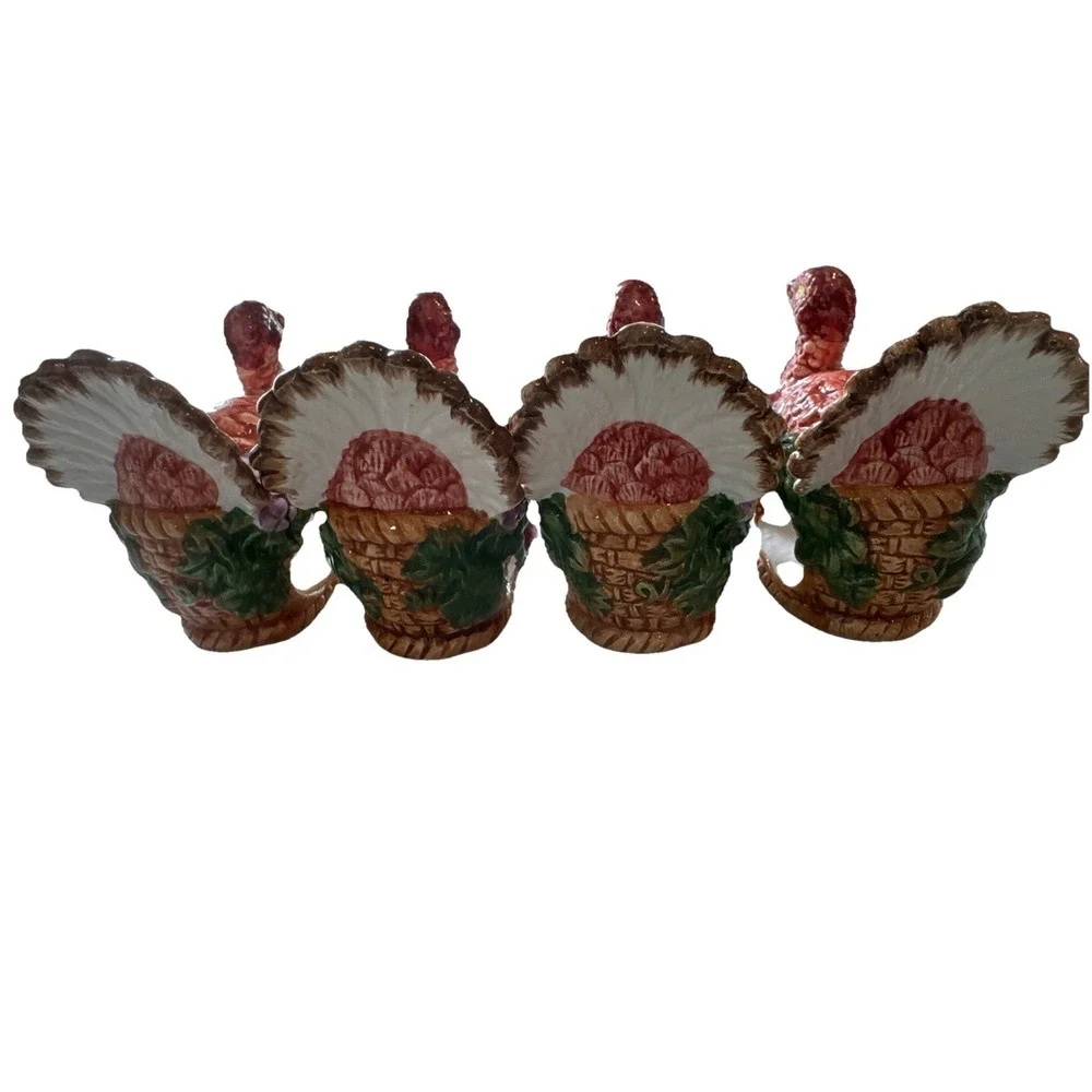 VTG Ceramic Turkey Napkin Rings Holders Thanksgiving/Fall Set Of 4